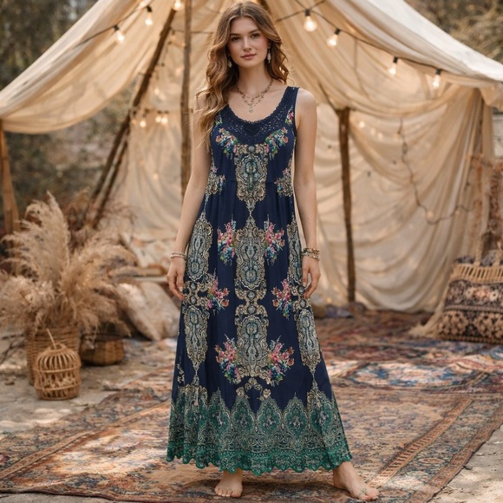 Bila Navy Floral Paisley Maxi Dress with Green Hem